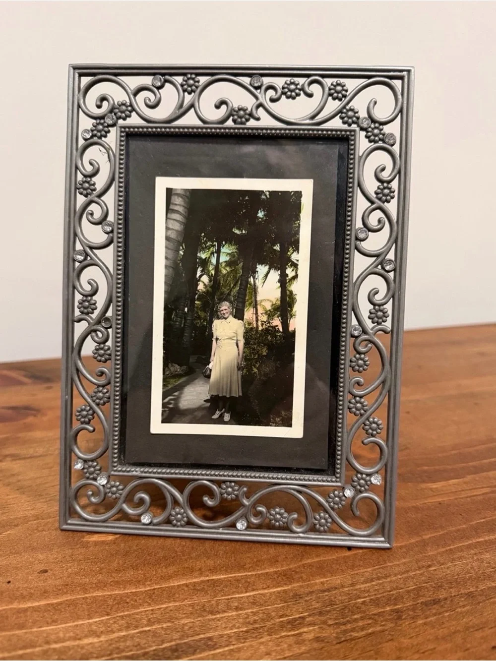 Jeweled Heirloom Faux silver Photo Frame For 4x6” Photo - Vintage Photo Included